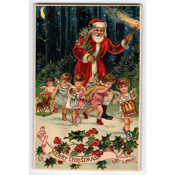 Vintage Santa Claus With Torch & Cherubs In Forest Christmas Postcard Germany - Picture 1 of 2